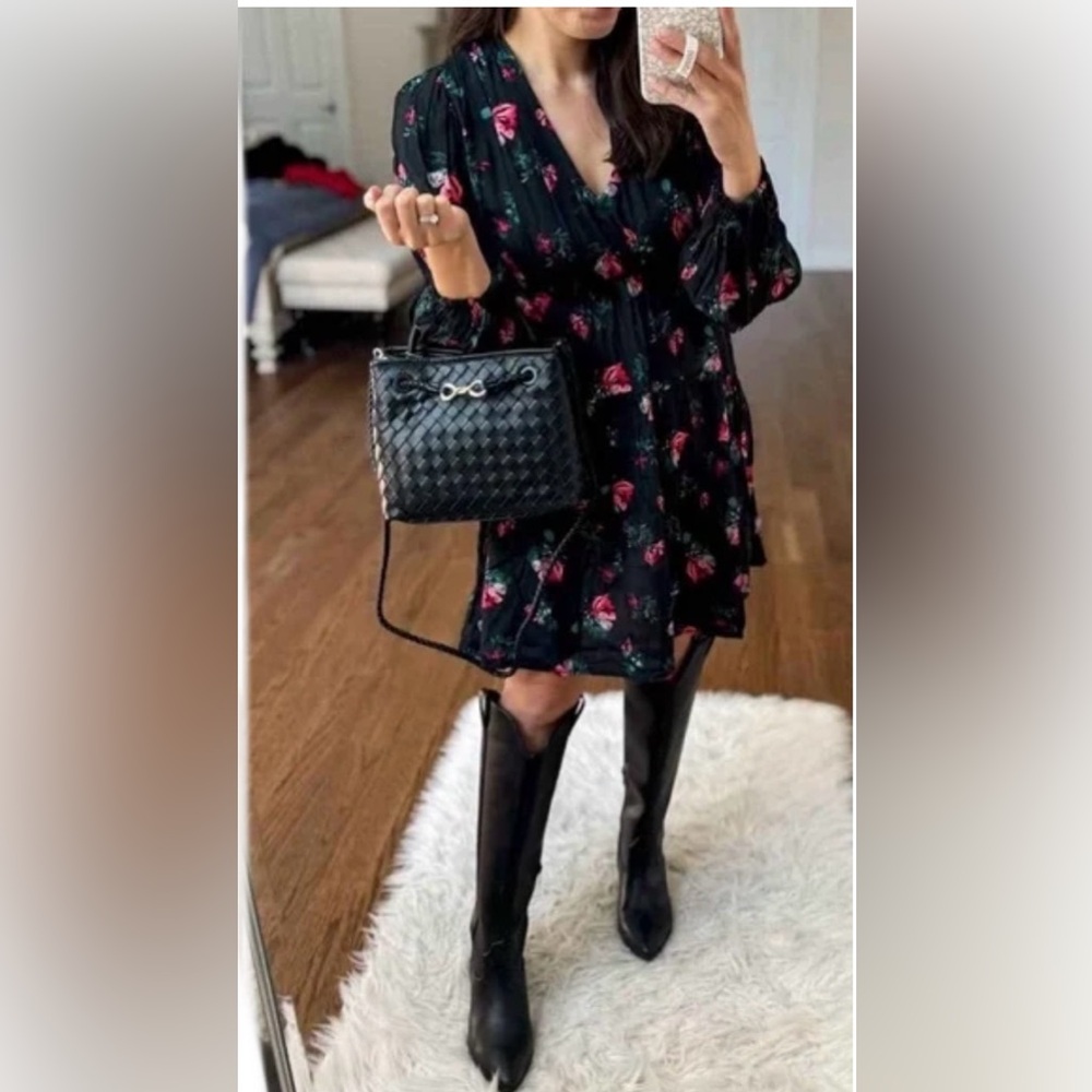 Y2k Fairy Whimsigoth Long Sleeve Dropped Waist Line Dress -Black floral Milkmaid